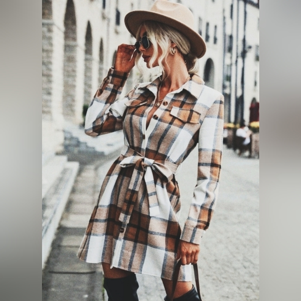 NEW Distressed Cozy Flannel Plaid Shirt Dress Shacket Tan White Black Button Up - Picture 4 of 9